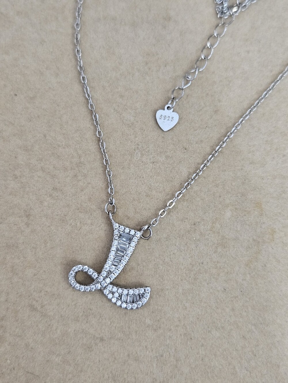 Sterling Silver Initial Letter L Pendant Necklace Simulated Diamond 925